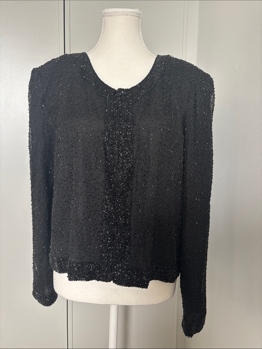 Vintage Black Beaded Silk Women's Cardigan Top